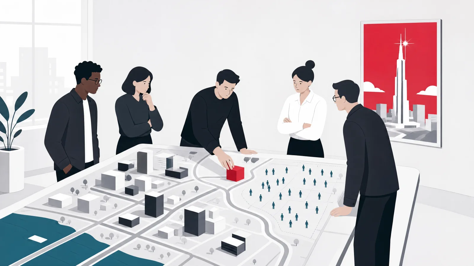 Figures around a table map of their own city placing a new building where roads already reach, ignoring a poster of a distant shiny tower