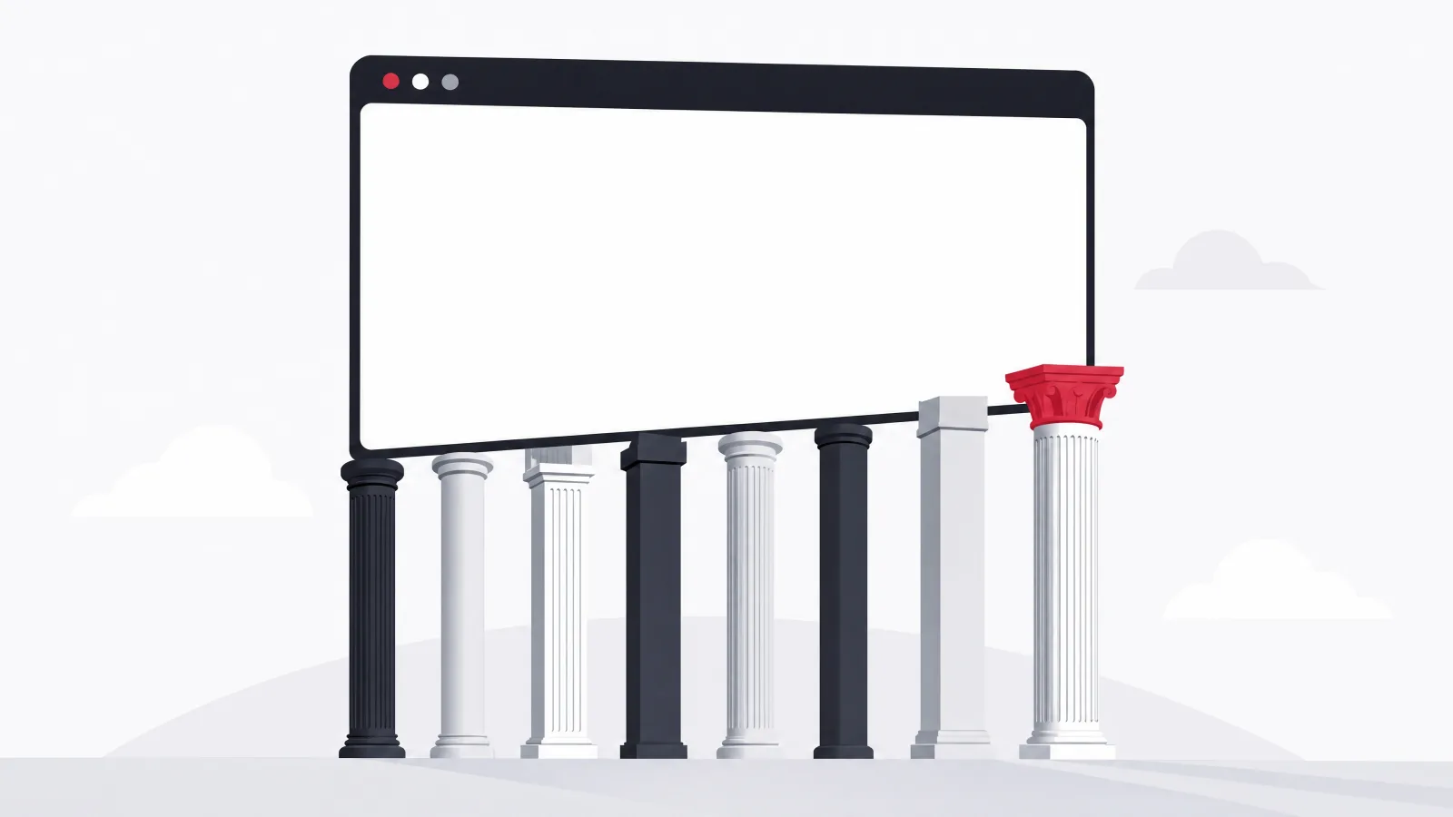 An empty browser window frame standing as a monument held up by eight slender columns of varying heights and profiles
