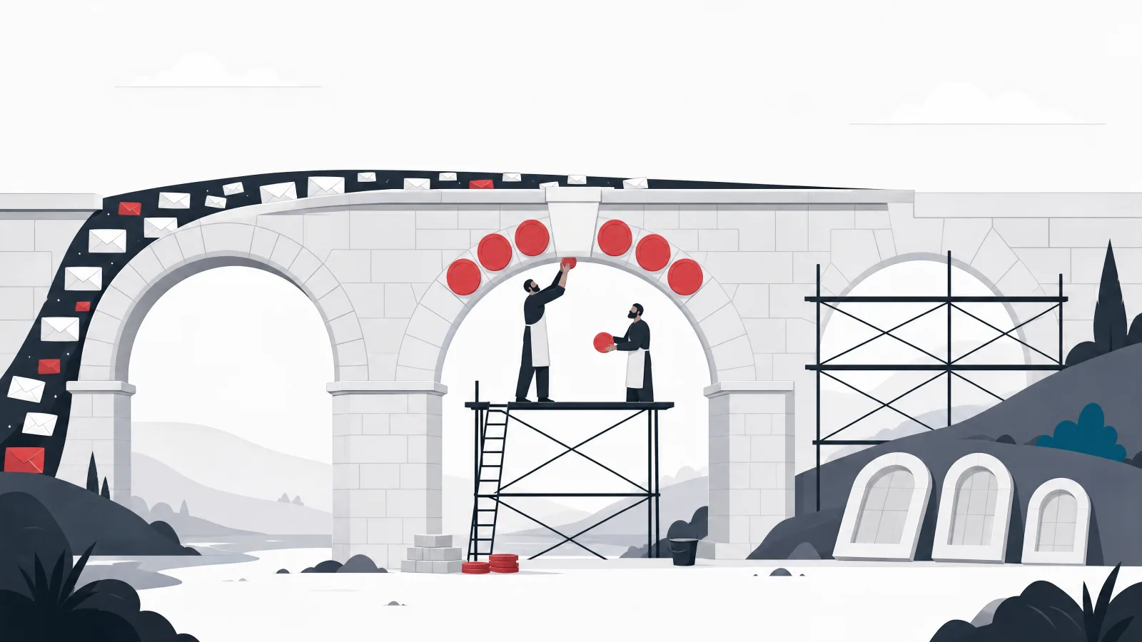 A three-arch aqueduct built in order, a finished envelope arch, a coin-keystone arch in progress and a scaffolded storefront arch