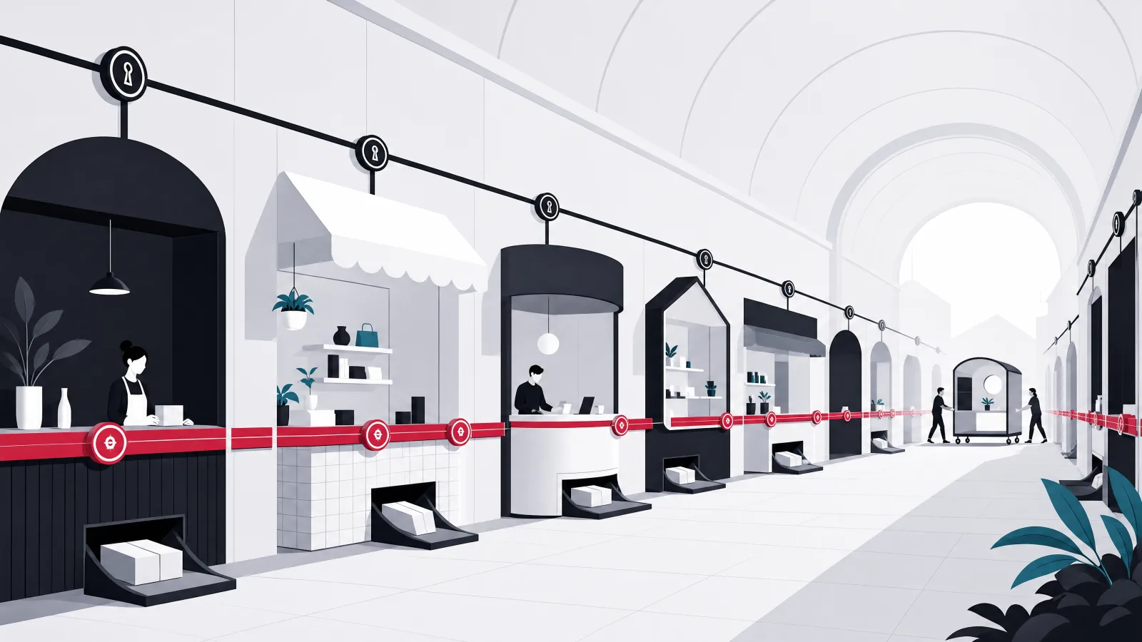 A covered arcade of varied merchant stalls all tapping a shared identity keyline, coin rail and delivery chute
