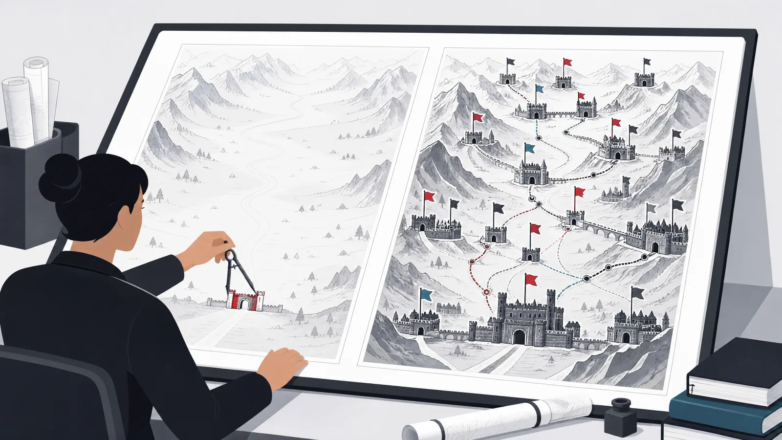 A cartographer comparing an open 2011 valley map with one gate against a crowded modern map of fortress towns and toll roads