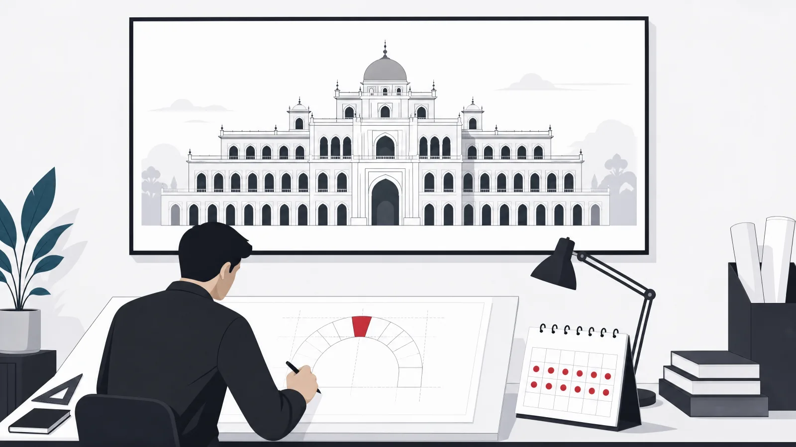 A builder tracing only the keystone wedge arch from a grand palace poster onto a fresh blueprint beside a habit calendar