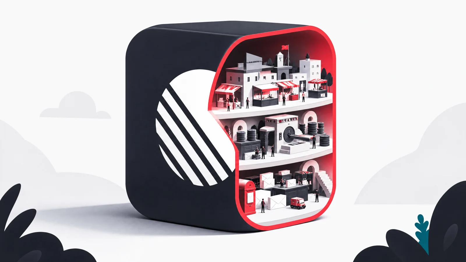 An app-icon monument cut away to reveal a miniature city with post office, mint and marketplace floors inside