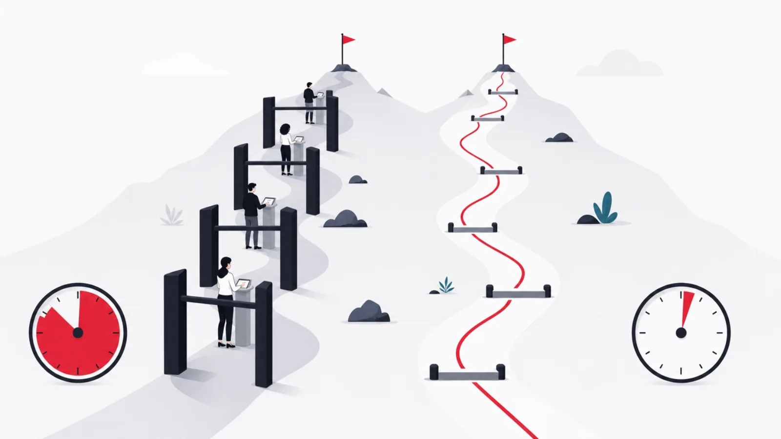 Two paths to one summit, one blocked by tall task gates, one with low step-over markers traced in red