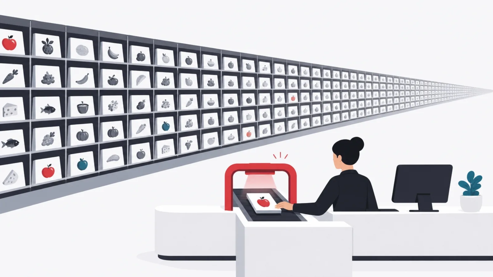 A figure retrieving one food tile through a red scanning arch in front of a vast organized tile library