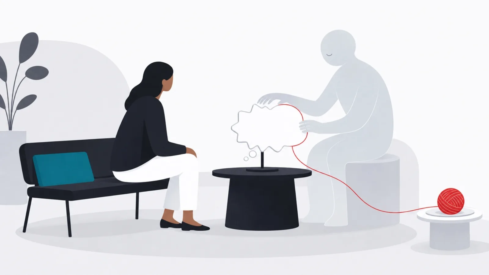 A translucent coach reshaping a jagged thought object into a round one beside a seated figure, a red thread linking it to a small plate