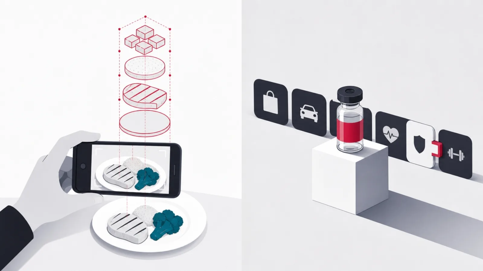 A camera identifying a meal as geometric portions beside a medical vial casting a shadow over adapting app tiles