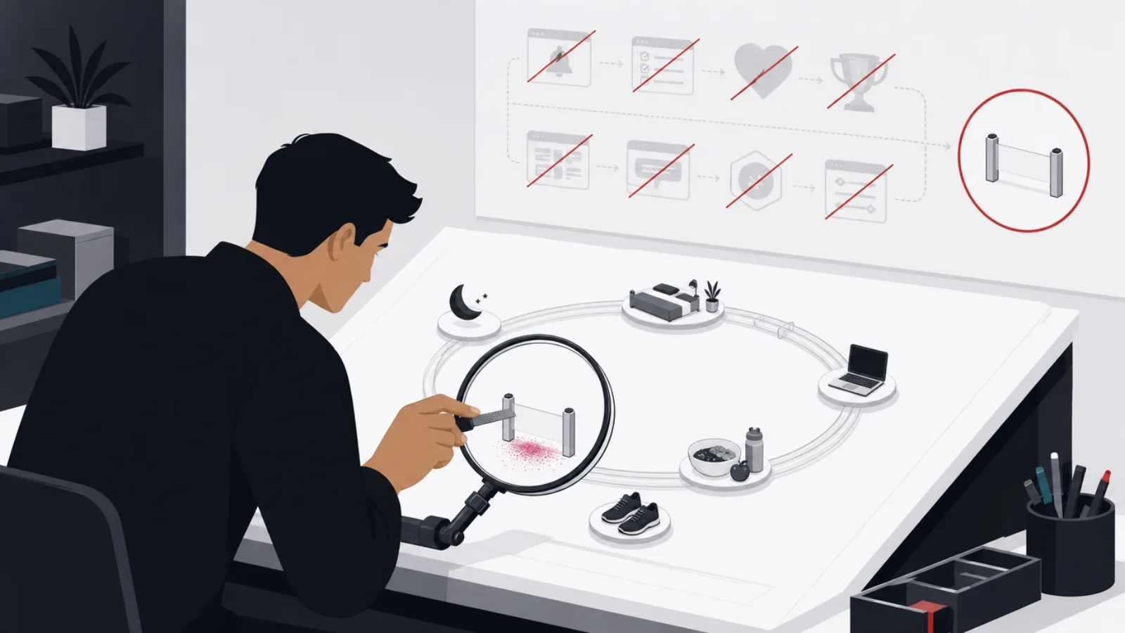 A builder filing down a tiny gate on one station of a circular daily-loop model, red filings beneath, a crossed-out feature chart behind