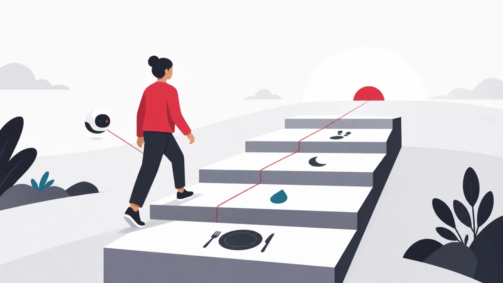A figure walking up wide low steps marked with daily habit symbols, guided by a thin red line from a companion device