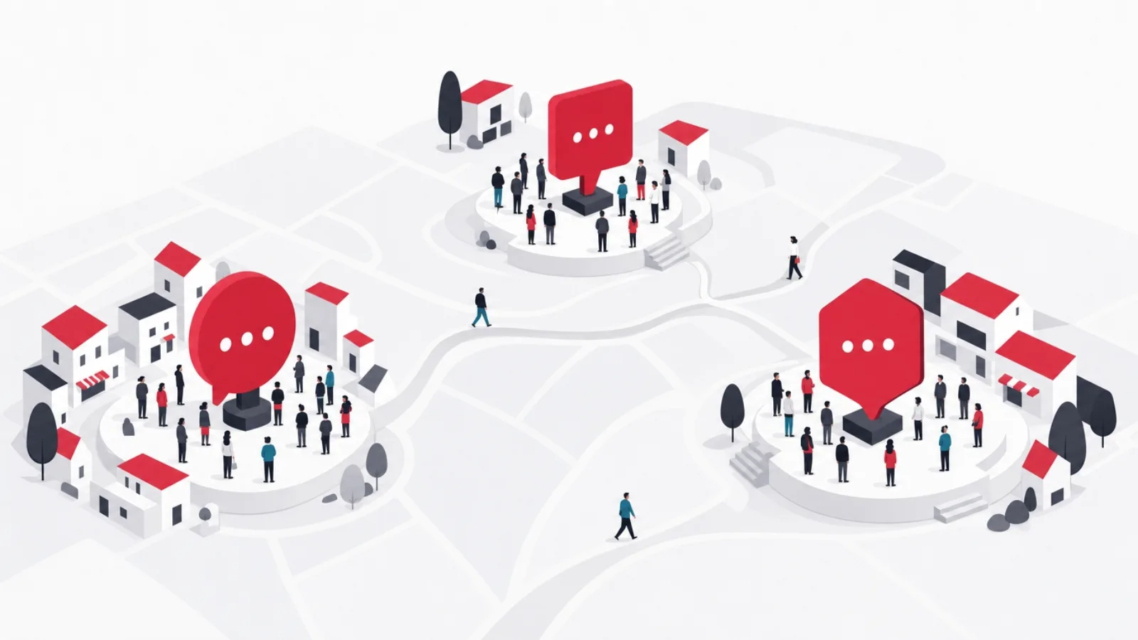 Three map neighborhoods, each with figures gathered around its own chat bubble monument