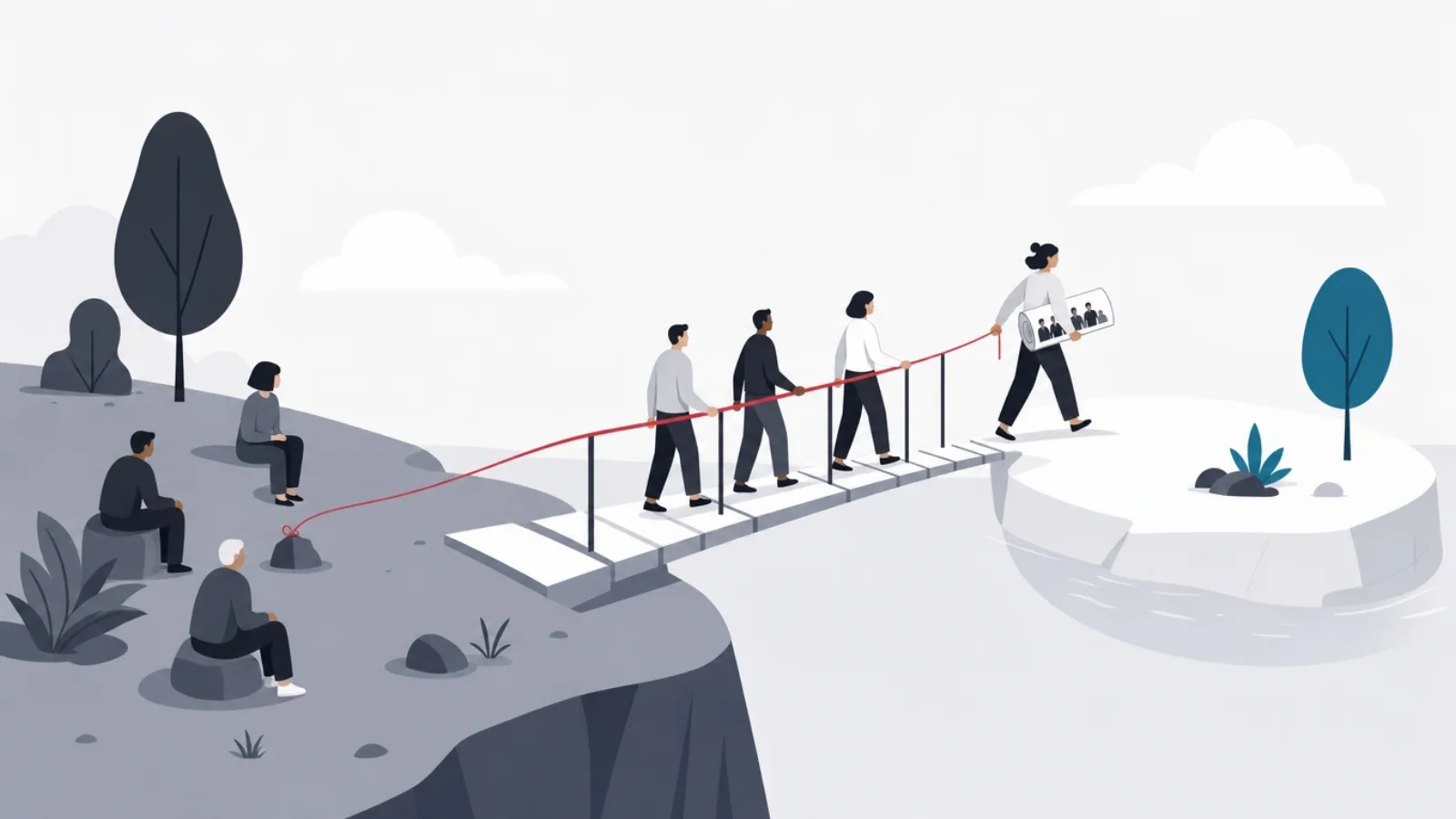 A figure leading a chain of people across a footbridge between islands while holding a thread back to those who stayed