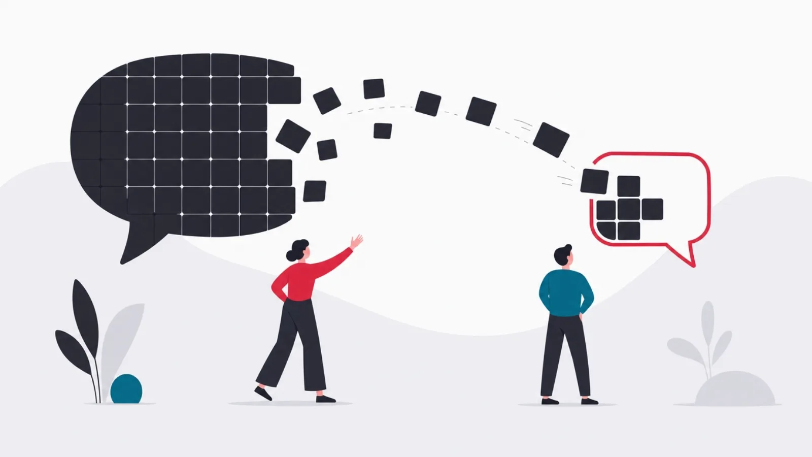 Tiles lifting off a large chat bubble and assembling into a new red-outlined chat bubble, guided by a figure