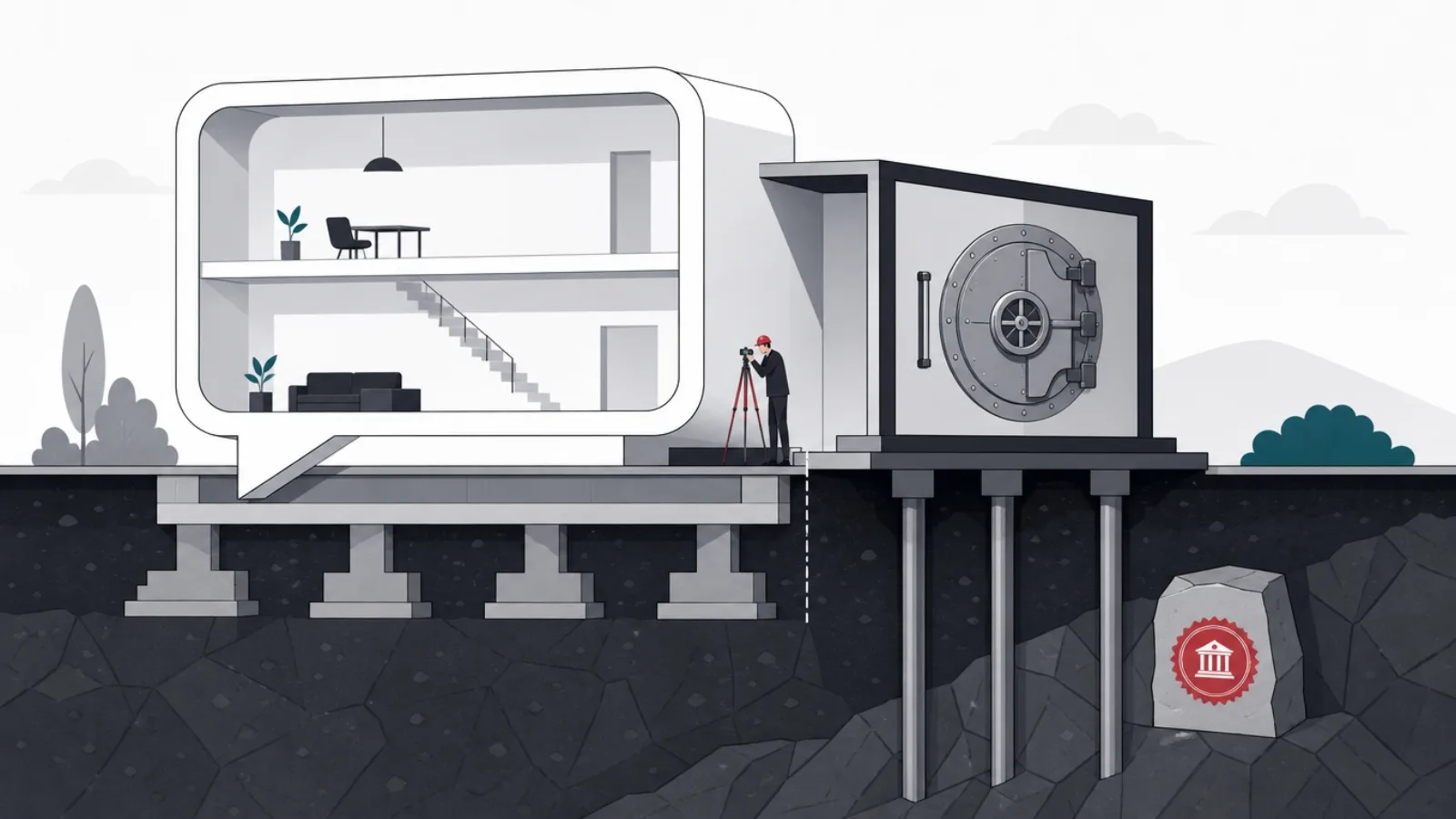A cutaway where a coin-vault annex rests half on a speech-bubble building's footings and half on new sealed banking bedrock