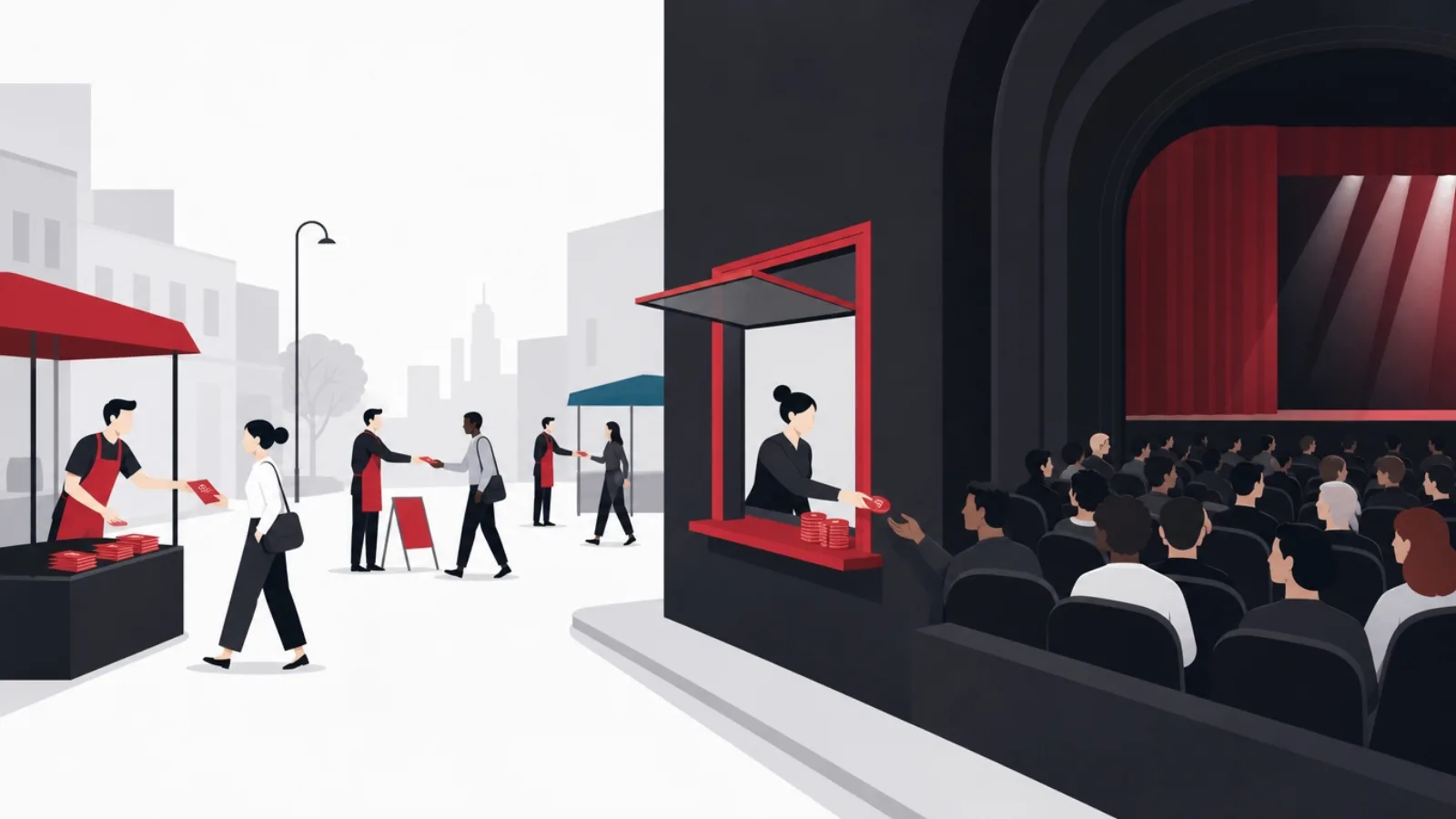 Rival vendors recruiting passersby one flyer at a time beside a full theater that simply opens a coin window to its seated audience