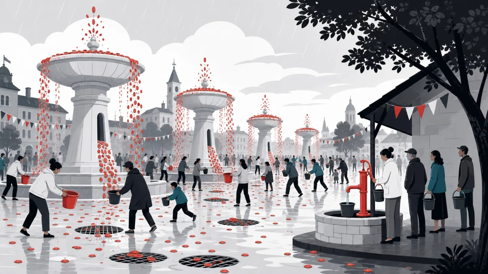 Crowds with buckets moving between gushing coin fountains that drain through grates, beside one modest hand-pump well with steady regulars