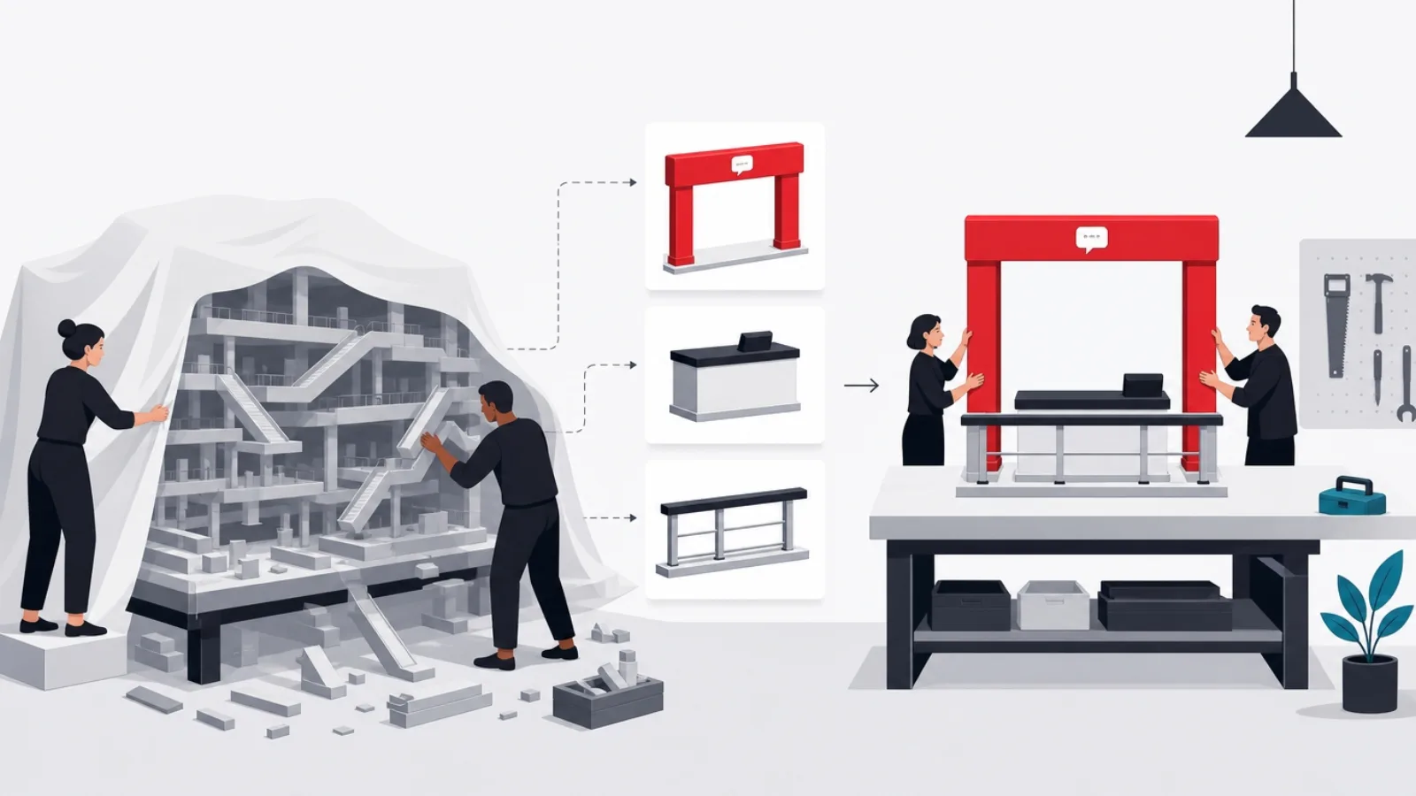 A team salvaging three beams from a dismantled mega-mall model and reassembling them into a tighter frame