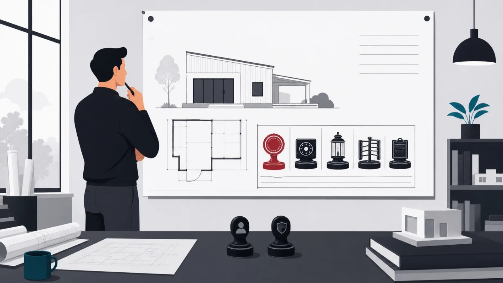 An architect reviewing an annex blueprint whose title block requires five stamps, a regulator's seal, lock, lantern, gate and ledger clamp