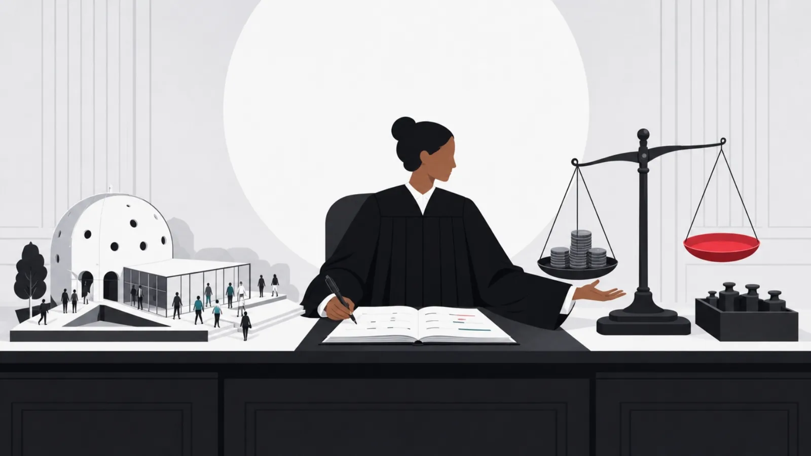 A judge placing a working building model beside an unfinished scale with one empty pan, recording both in a ledger