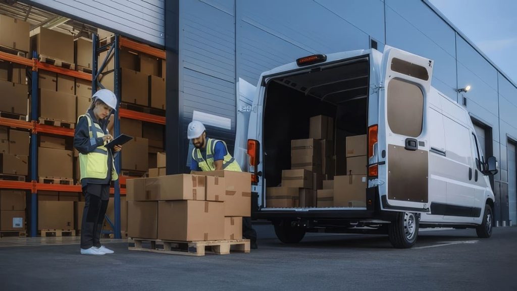 Two workers wearing safety helmets and reflective vests are handling cardboard boxes on a wooden pallet outside a warehouse. One worker is checking a tablet, while the other is arranging the boxes. A white delivery van with its rear doors open is parked nearby, loaded with more cardboard boxes. The warehouse has tall shelving filled with additional boxes.