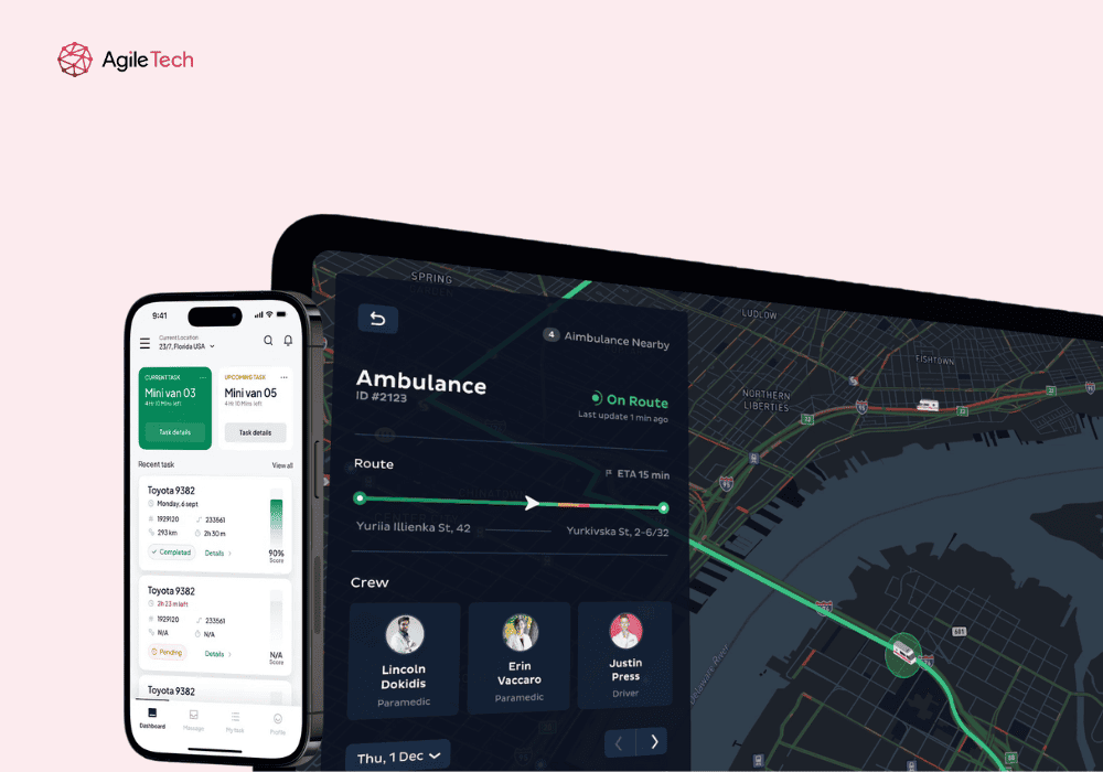 Mobile and tablet screens displaying a task management and tracking app interface for ambulance dispatch. The mobile screen shows current and upcoming tasks with details like vehicle type, task status, and completion percentage. The tablet screen features a map with an ambulance route, estimated time of arrival, and crew member profiles including paramedics and a driver. The background is light pink with the AgileTech logo in the top left corner.