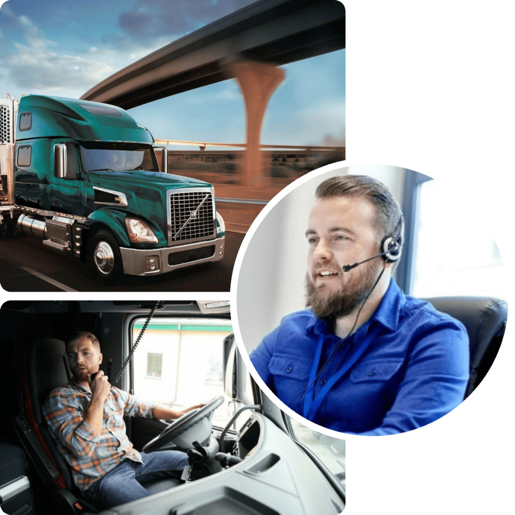 truck-dispatch-software-2 A green semi-truck driving on a highway under an overpass, a man sitting inside the truck cabin speaking into a CB radio, and a man wearing a blue shirt with a headset, smiling while working at a desk.